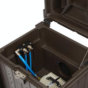 Brown plastic aeration system enclosure, open to reveal internal components and blue air lines.
