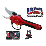 Cordless electric hand pruner with carrying case and harness, ideal for gardening.

