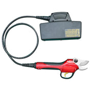 Cordless electric hand pruner with battery pack and connecting cord; red and black tools.
