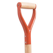Closeup of red metal D-grip handle on AM Leonard drain spade.