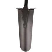 Closeup of AM Leonard drain spade head: narrow black steel blade with welded shaft reinforcement.