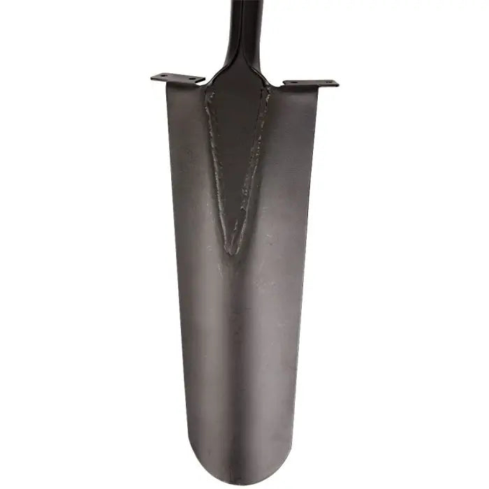 Closeup of AM Leonard drain spade head: narrow black steel blade with welded shaft reinforcement.