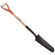 AM Leonard 16-inch drain spade with red D-grip and ash hardwood handle, full vertical view.