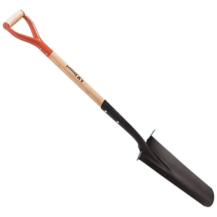 AM Leonard 16-inch drain spade with red D-grip and ash hardwood handle, full vertical view.