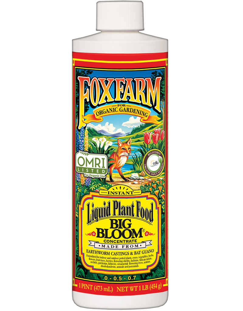 FoxFarm Big Bloom Liquid Plant Food: 1 pint concentrate, made with earthworm castings & bat guano for indoor/outdoor plants.
