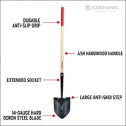 Feature callouts on Corona round point shovel: anti-slip grip, ash hardwood, extended socket, anti-skid step, 14-gauge boron steel blade.