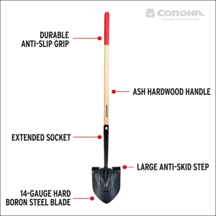 Feature callouts on Corona round point shovel: anti-slip grip, ash hardwood, extended socket, anti-skid step, 14-gauge boron steel blade.