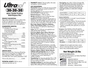 Water-soluble fertilizer label; 20-20-20 blend;  application instructions & crop recommendations included.
