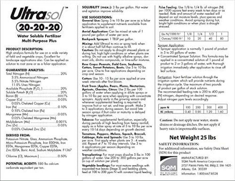 Water-soluble fertilizer label; 20-20-20 blend;  application instructions & crop recommendations included.
