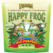 FoxFarm Happy Frog All-Purpose Fertilizer, 6-4-5, 4 lb bag with active soil microbes, OMRI Listed for organic gardening.
