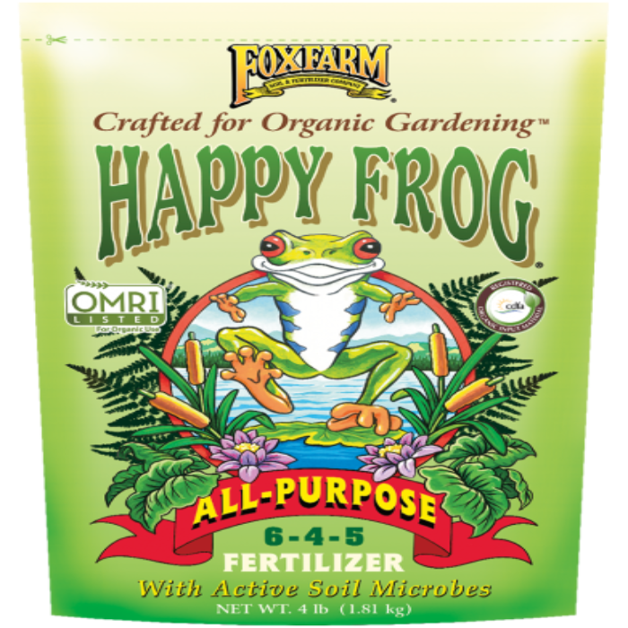 FoxFarm Happy Frog All-Purpose Fertilizer, 6-4-5, 4 lb bag with active soil microbes, OMRI Listed for organic gardening.
