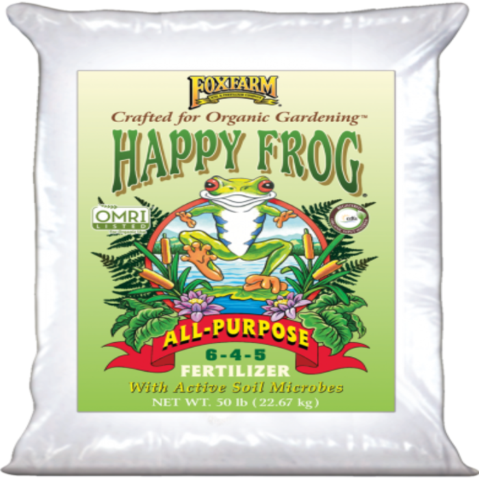 50 lb bag of all-purpose 6-4-5 fertilizer, featuring active soil microbes and OMRI Listed certification.
