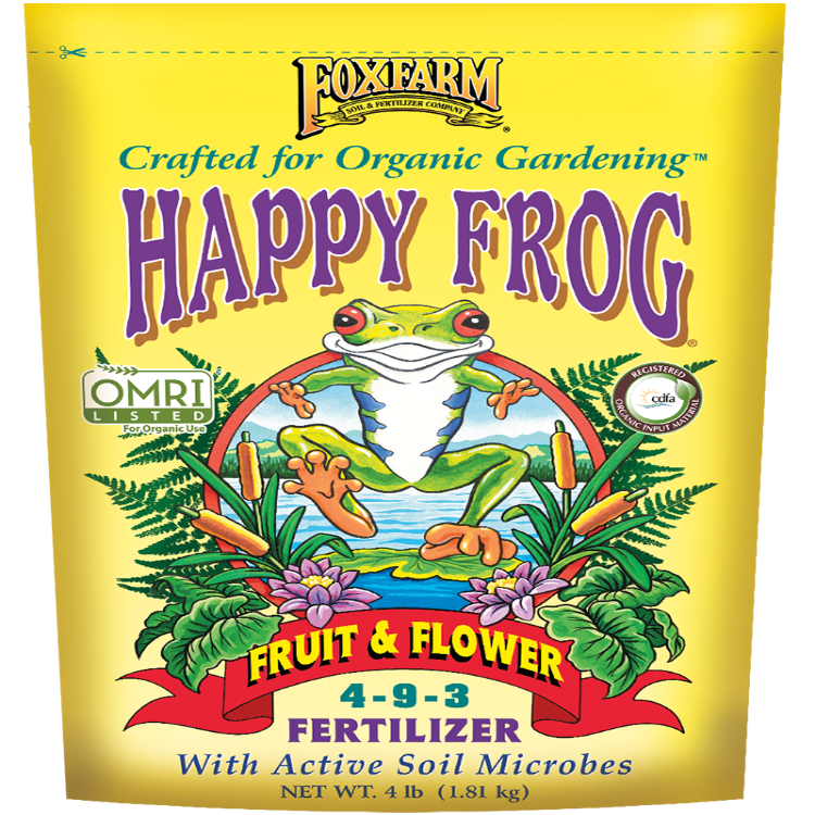 FoxFarm Happy Frog Fruit & Flower Fertilizer, 4-9-3, 4 lb bag with active soil microbes; OMRI & CDFA listed.
