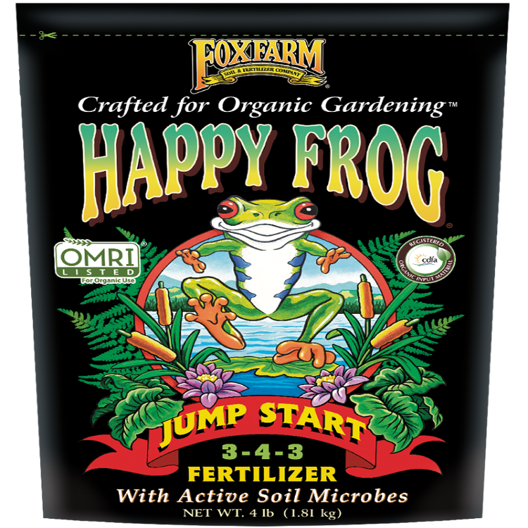FoxFarm Happy Frog Jump Start 3-4-3 Fertilizer, 4 lb bag with active soil microbes; OMRI & CDFA listed for organic gardening.
