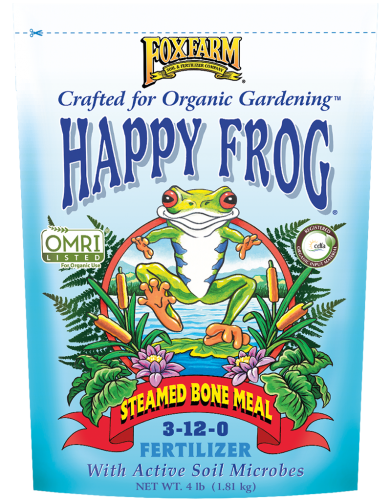 FoxFarm Happy Frog Steamed Bone Meal Fertilizer: 3-12-0, 4 lb bag with active soil microbes for organic gardening.
