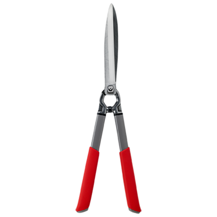 ClassicCUT® 10-Inch Hedge Shears: Red handles, sharp steel blades for precise hedge trimming.
