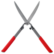 Ten-inch hedge shears with red handles and silver blades, displayed against a black background.
