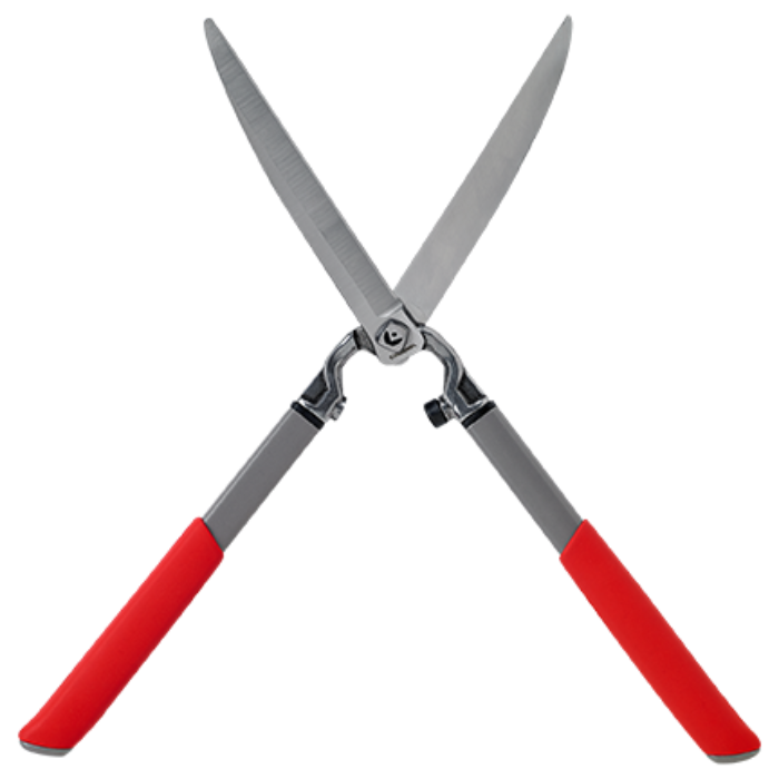 Ten-inch hedge shears with red handles and silver blades, displayed against a black background.
