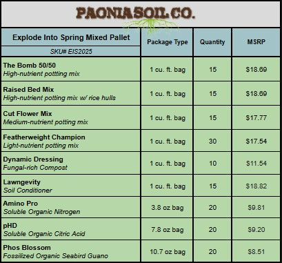 Paonia Soil Co. "Explode Into Spring" mixed pallet: 6 types of potting mixes, compost, soil conditioner, & nutrients.  SKU# EIS2025
