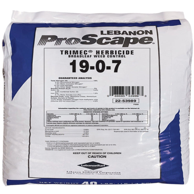 Proscape 19-0-7 40%Mesa w/ Trimec Post-Emergent — fertilizer with herbicide.
