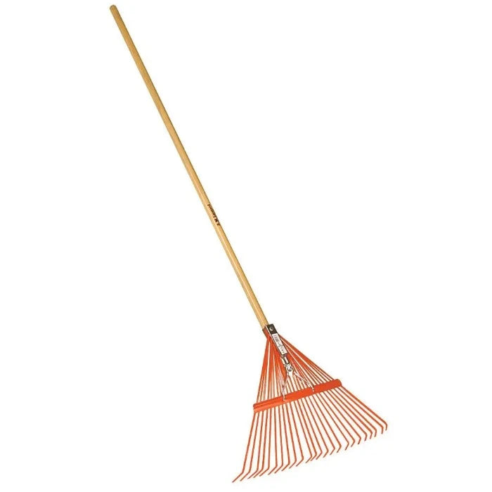 AM Leonard Metal Spring Brace Rake with Hardwood Handle: durable orange metal tines, sturdy wood handle for efficient yard cleanup.
