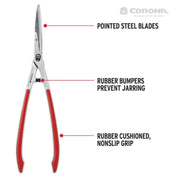 Feature callouts on Corona shears: pointed steel blades, rubber bumpers, rubber-cushioned nonslip grip.