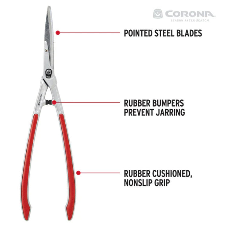 Feature callouts on Corona shears: pointed steel blades, rubber bumpers, rubber-cushioned nonslip grip.