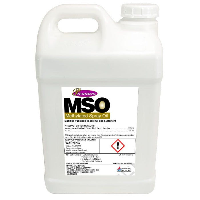 Premium MSO Methylated Spray Oil: 1-gallon jug of modified vegetable seed oil and surfactant for agricultural use.
