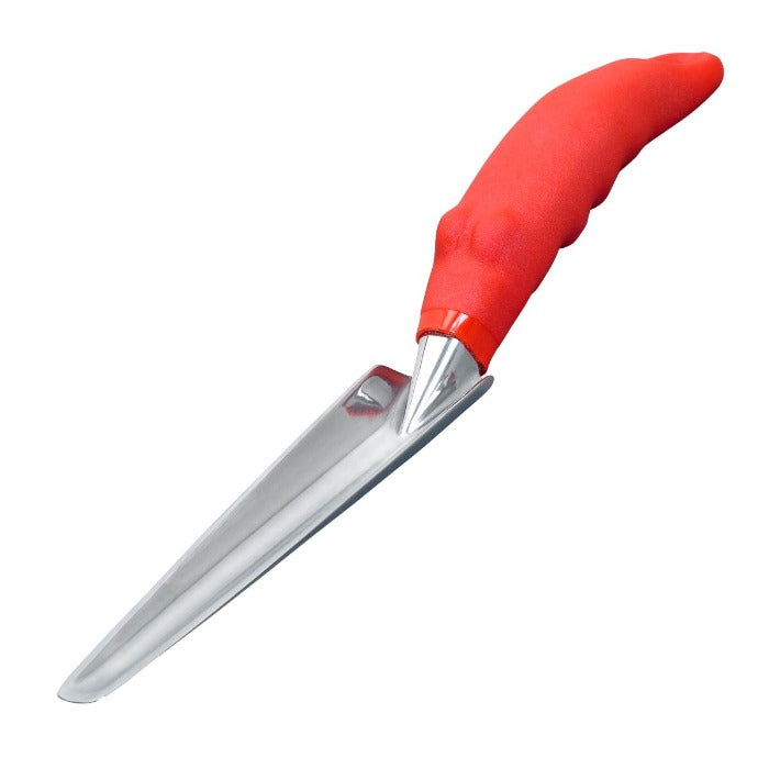 Corona Weeder: Red-handled, stainless steel weeding tool for effortless garden maintenance.
