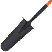 Closeup of narrow black steel drain spade head with welded shaft reinforcement.