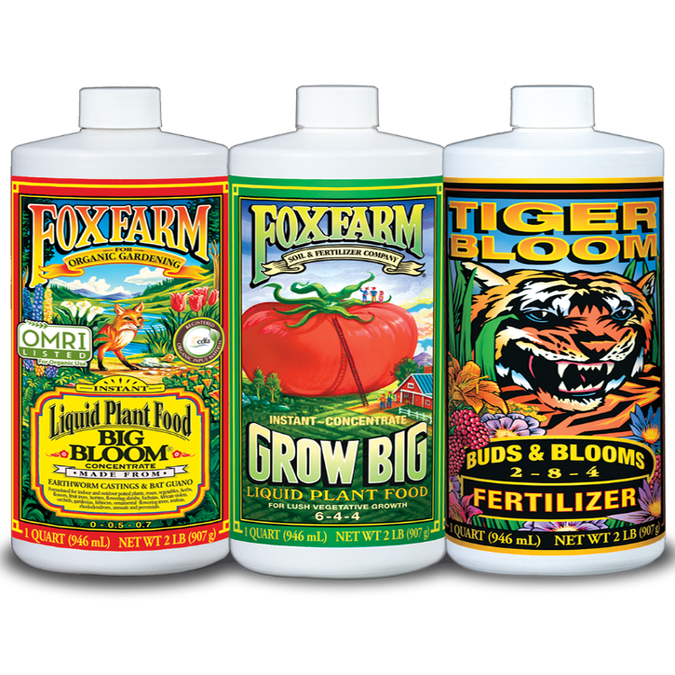 FoxFarm Liquid Trio: Big Bloom, Grow Big, Tiger Bloom fertilizers; 1-quart bottles.
