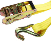 Yellow ratchet strap with metal cam buckle and double J-hook.
