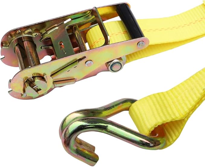 Yellow ratchet strap with metal cam buckle and double J-hook.
