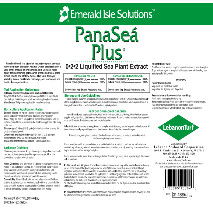 Liquified sea plant extract label, 0-2-2 formula, details application guidelines and safety precautions.
