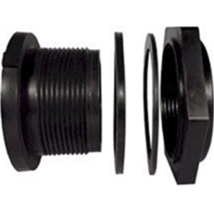 Little Giant bulkhead fitting kit: black plastic, threaded, includes gasket.
