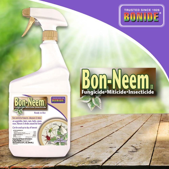 Ready-to-use spray bottle of Bon-Neem II, a fungicide, miticide, and insecticide for home gardens.
