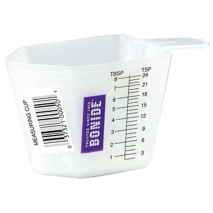Fertilome Measuring Cup:  Clear plastic cup with tbsp/tsp markings, ideal for precise measuring of liquids and powders.
