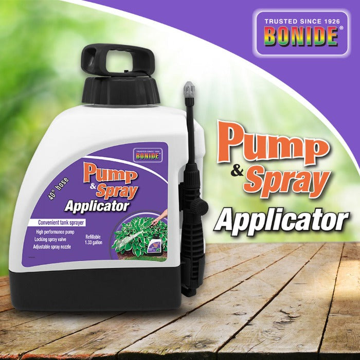 Bonide Pump & Spray Applicator: 1.33-gallon refillable tank, 40" hose, adjustable nozzle, high-performance pump.
