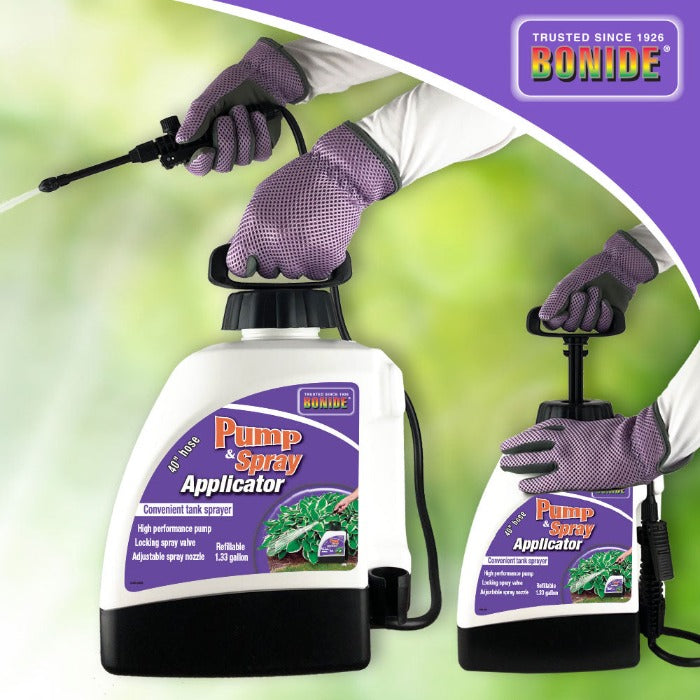 1.33-gallon pump sprayer with adjustable nozzle, shown in use outdoors.
