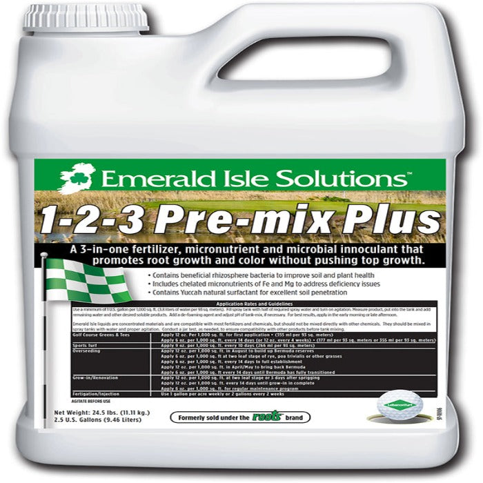 ROOTS Emerald Isle 1-2-3 Pre-mix Plus: 2.5-gallon 3-in-1 fertilizer, micronutrient & microbial inoculant; promotes root growth & color.
