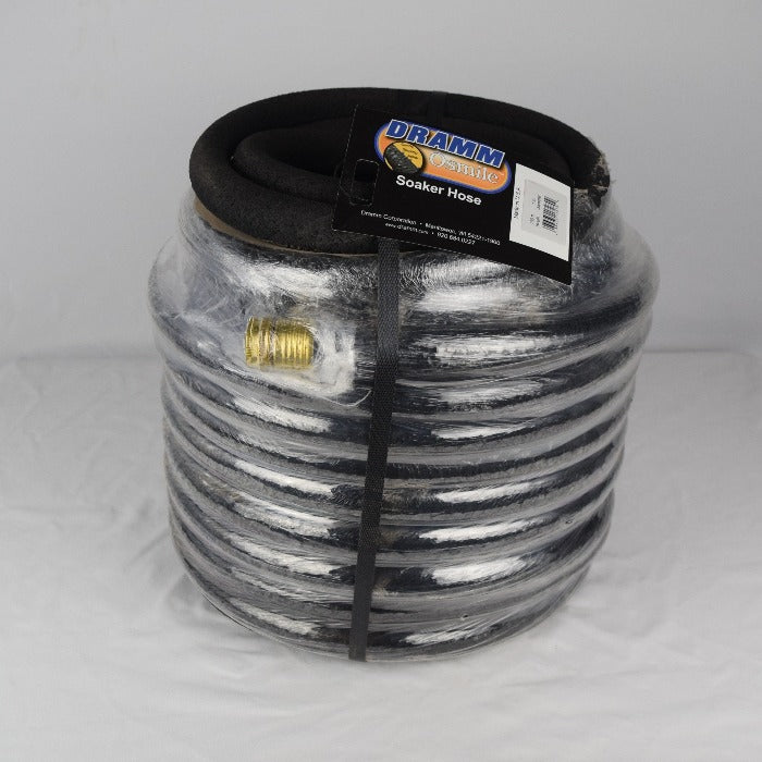 Dramm Osmile Soaker Hose: Heavy-duty black hose, packaged for easy storage, with brass fitting.
