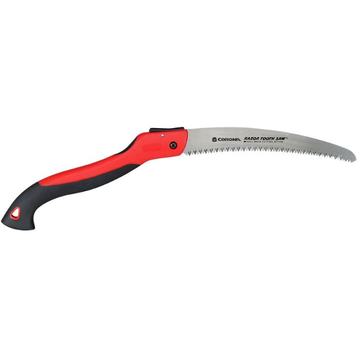 Corona RazorTOOTH Folding Saw: 10-inch curved blade, red and black handle.
