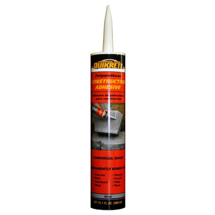 Quickrete Commercial Grade Polyurethane Construction Adhesive: 10.1 fl oz gray tube, permanently bonds concrete, brick, & more.
