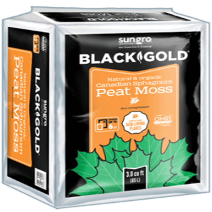 Sungro Black Gold Natural & Organic Canadian Sphagnum Peat Moss, 3.0 cu ft (85 L), ideal for acid-loving plants.
