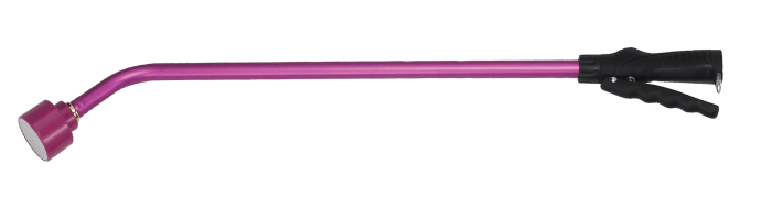 Purple aluminum watering wand with adjustable nozzle and ergonomic grip.

