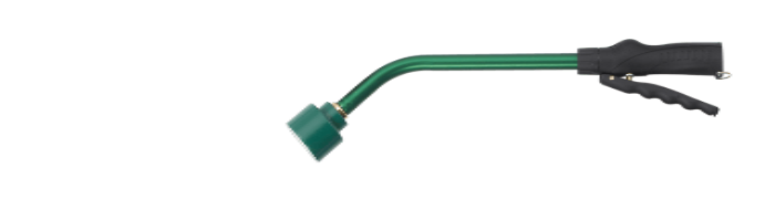 Green metal garden wand with adjustable nozzle and comfortable grip.
