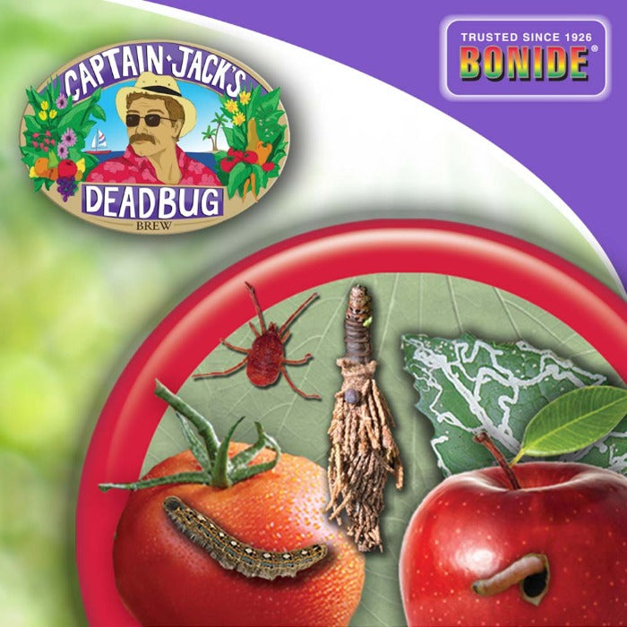 Ready-to-use insecticide showcasing common garden pests on tomatoes and apples.

