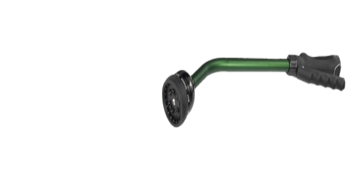 Green metal garden watering wand with ergonomic grip.
