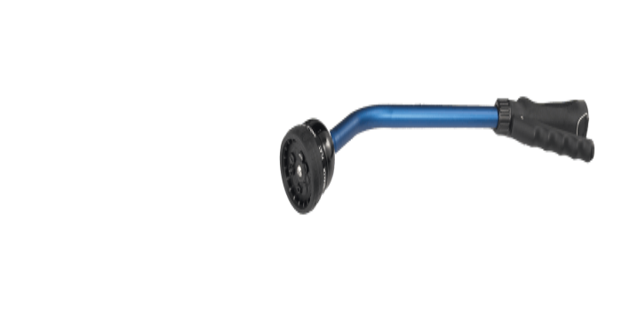 Blue metal watering wand with ergonomic grip and adjustable spray head.
