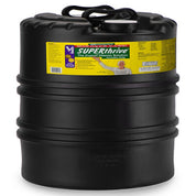 Large black plastic container of liquid plant nutrients; yellow label shows product details.
